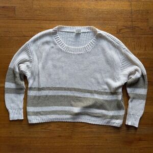 By Together Striped Knit Sweater Casual Pullover Comfy Cozy Cream Beige L